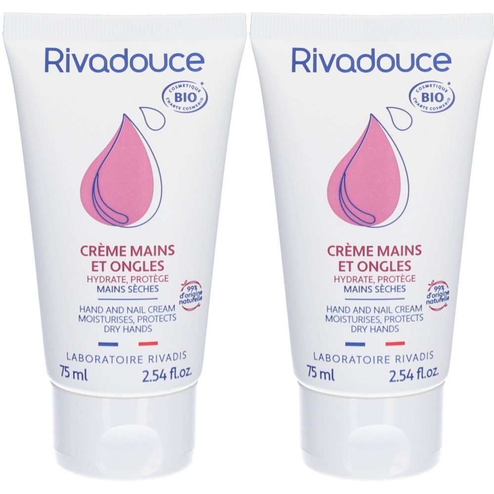 Deux tubes de crème mains et ongles. Blancs, avec design goutte rose et texte. Marque Rivadouce. Certification bio.