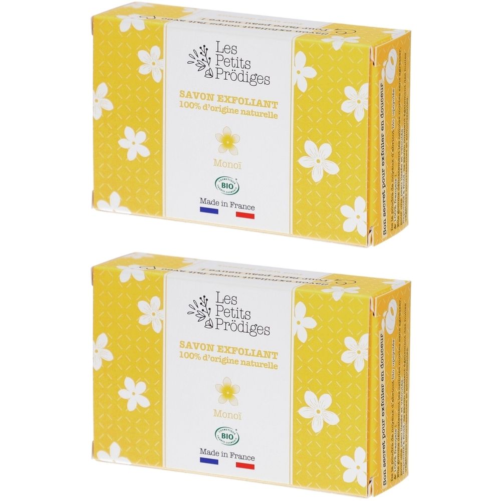 Deux boîtes rectangulaires jaunes à motifs floraux. Inscription "Les Petits Prödiges Savon Exfoliant" sur le devant.