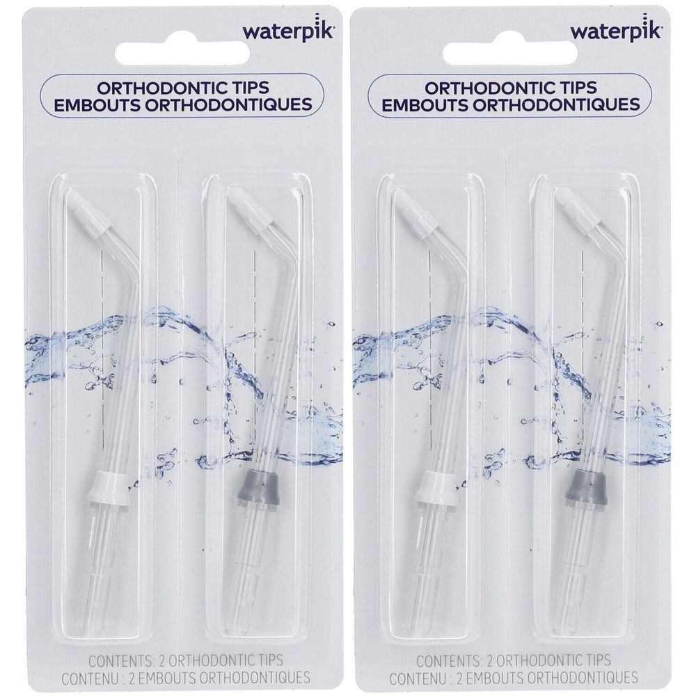 Deux emballages de pointes orthodontiques transparentes. Inscription : waterpik, Orthodontic Tips. Contenu : 2 pointes orthodontiques.