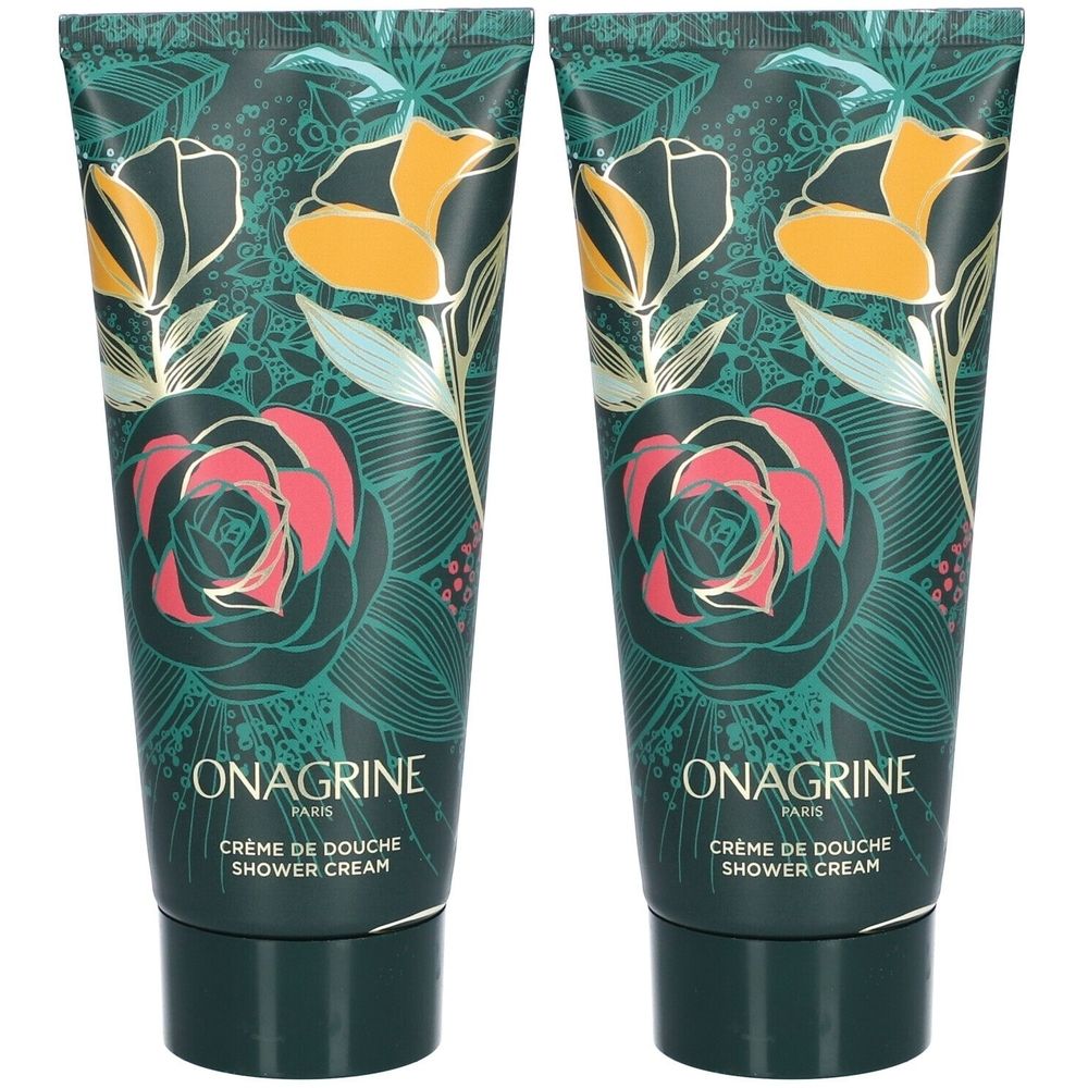 Deux tubes de crème de douche. Motif floral vert. Inscription : ONAGRINE PARIS, Crème de Douche, Shower Cream.