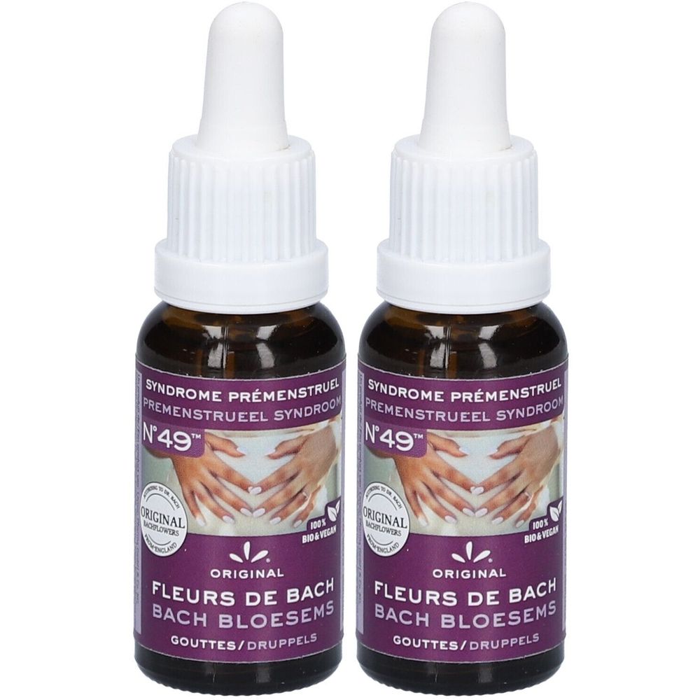 Deux flacons en verre brun avec des bouchons blancs. Étiquettes avec "Syndrome prémenstruel" et "Fleurs de Bach".