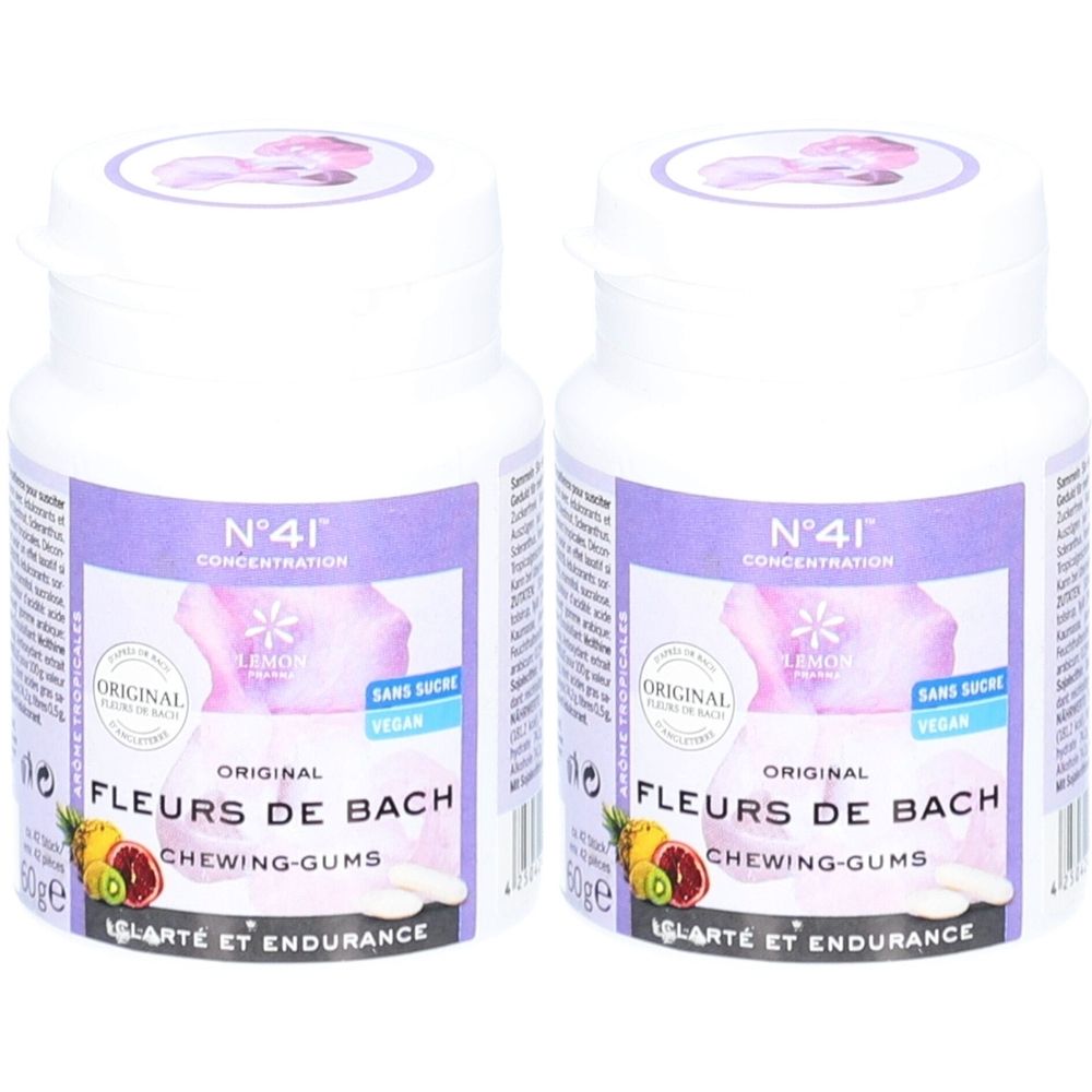 Deux flacons blancs avec étiquettes violettes. Inscription : Fleurs de Bach, N°41 Concentration, Original, vegan, sans sucre.