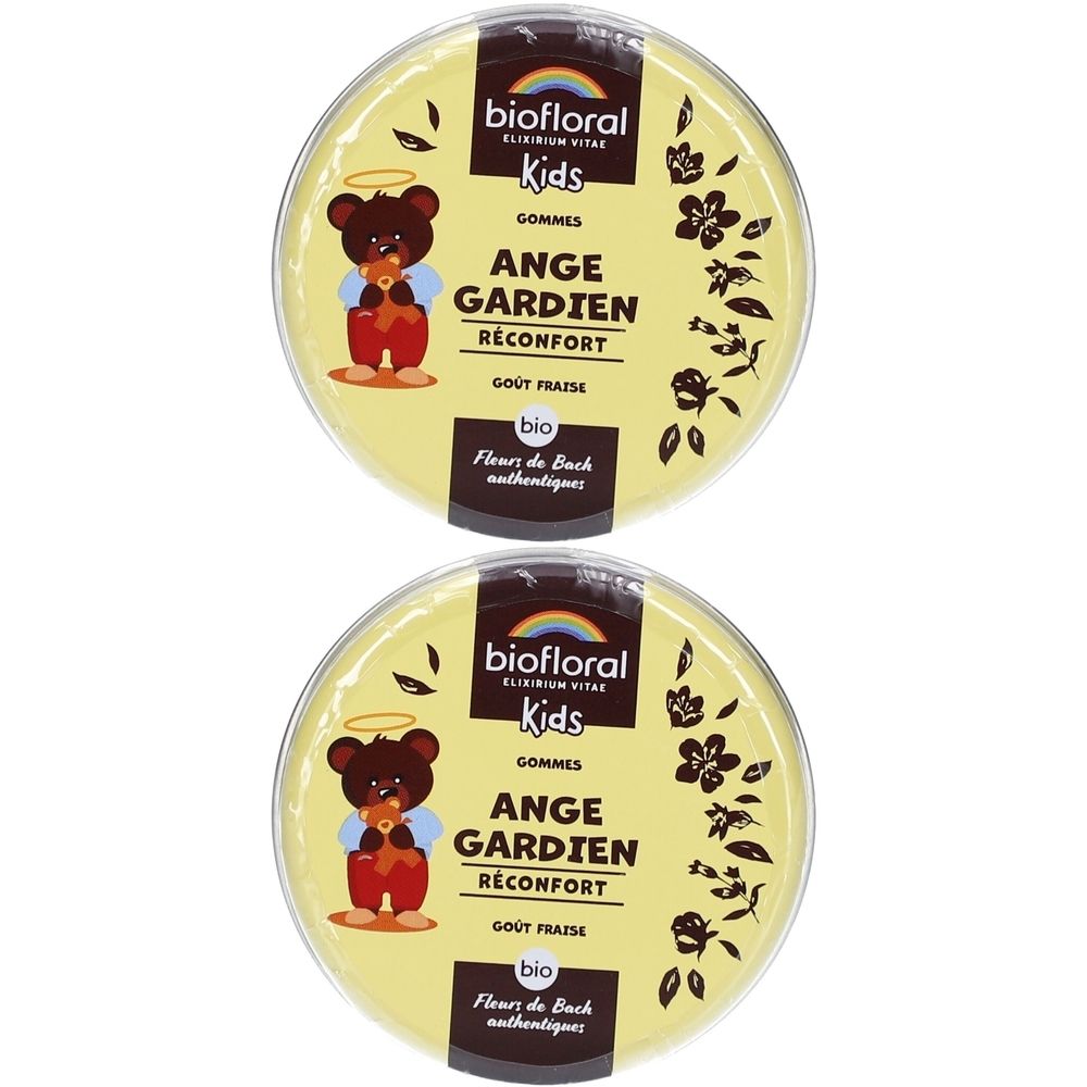 Deux boîtes rondes BIOFLORAL Kids. Inscription : ANGE GARDIEN, RÉCONFORT, GOUT FRAISE. Illustration d'un ours en peluche avec un halo.