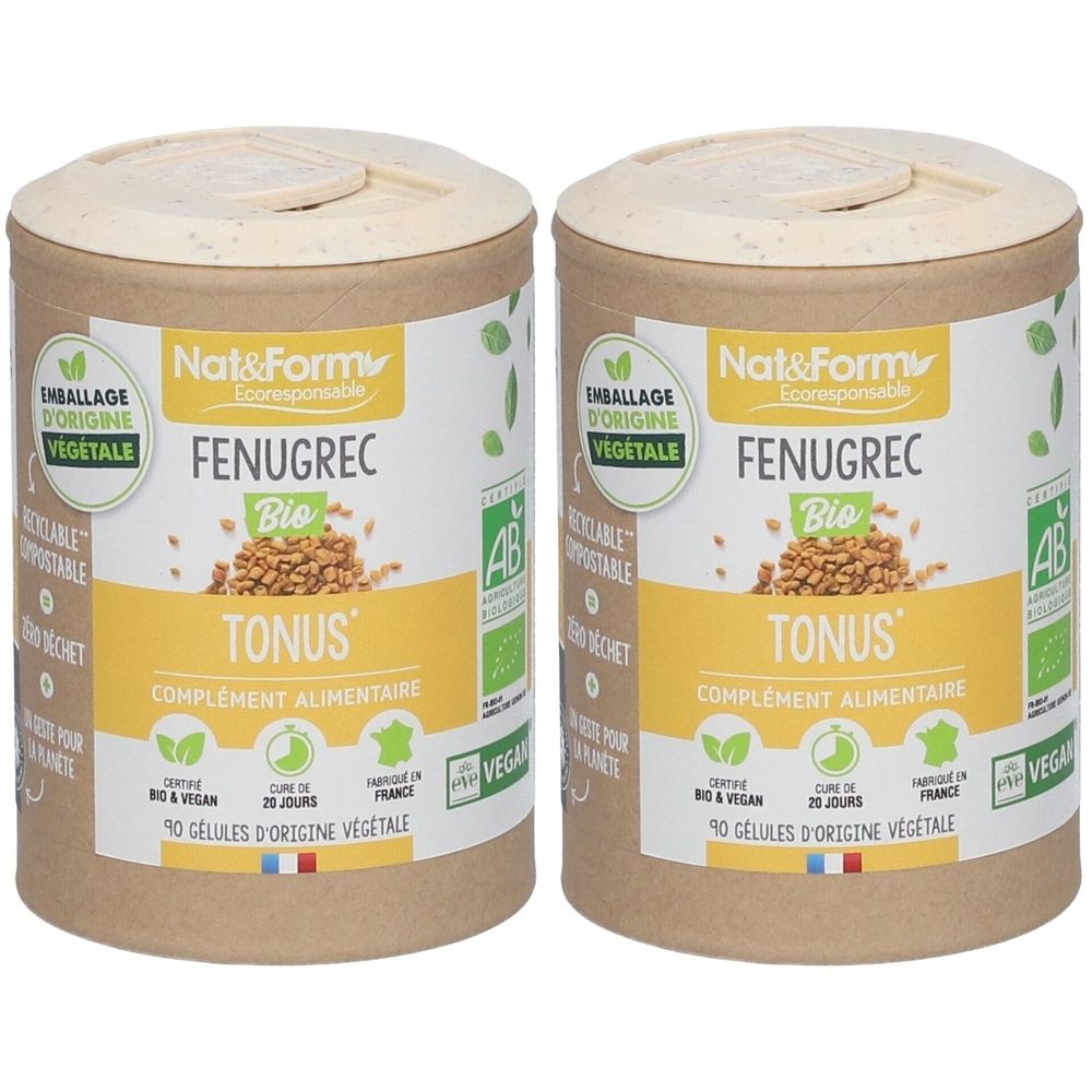 Deux boîtes cylindriques "Nat & Form Fenugrec Bio". Inscription "TONUS" et "COMPLEMENT ALIMENTAIRE". Emballage d'origine végétale.