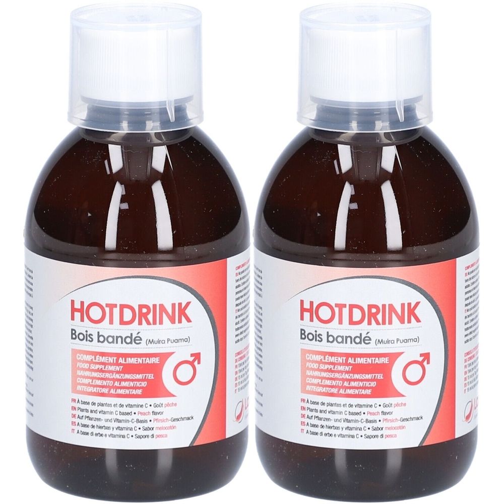 Deux flacons de liquide brun avec bouchons blancs. Inscription HOTDRINK, Bois bandé. Complément alimentaire.