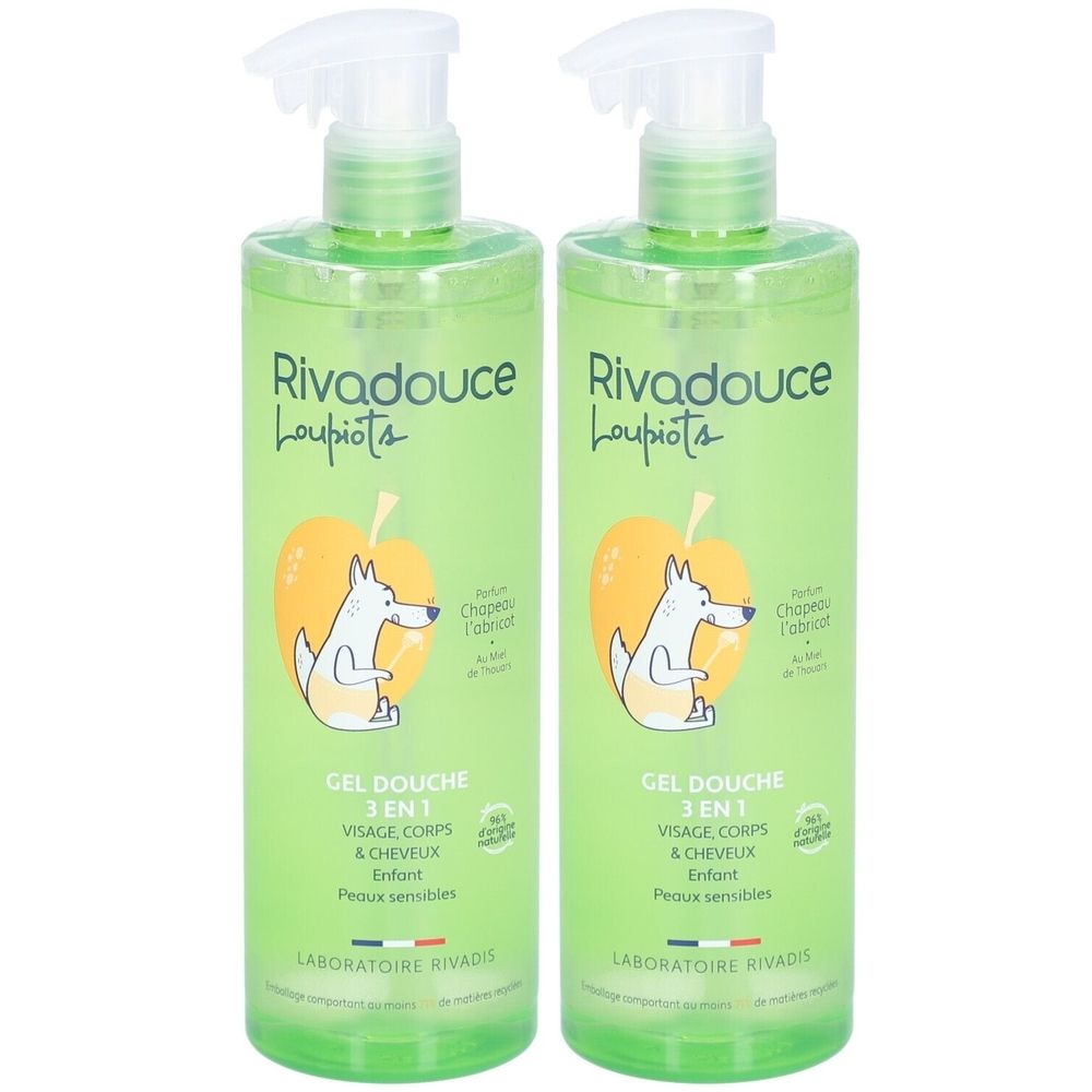 Deux flacons verts de Rivadouche Gel Douche 3 en 1. Avec pompe blanche. Logo et texte imprimés. Illustration d'un chien.