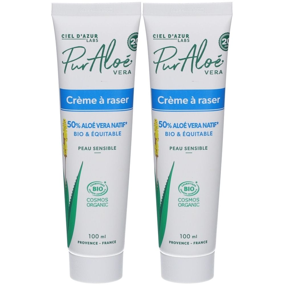 Deux tubes de crème à raser. Inscription: CIEL D'AZUR, PurAloé Vera, Crème à raser, 50% Aloe Vera Natif, Bio & Equitable, Peau Sensible.