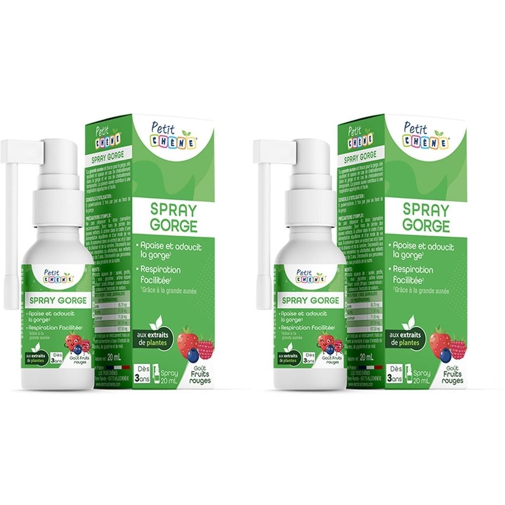 Deux flacons et emballages. Inscription: Petit Chêne Spray Gorge. Contient des extraits de fruits rouges. Flacons blancs avec vaporisateur.