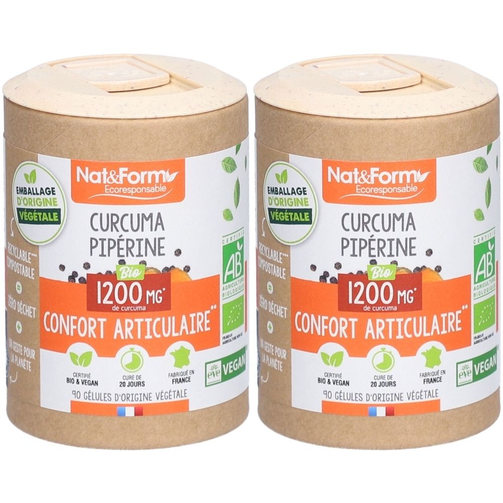 Deux boîtes cylindriques avec impression de produit. Inscription : Curcuma Pipérine, 1200 mg, Confort Articulaire. Certification bio et vegan.