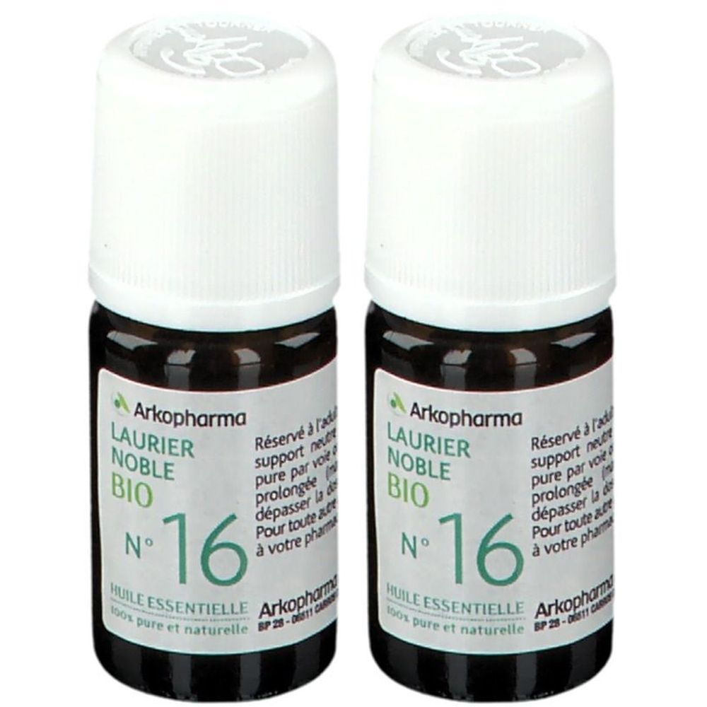Deux flacons bruns avec bouchons blancs. Étiquette avec texte: LAURIER NOBLE BIO N°16. Marque: Arkopharma. Inscription: Huile Essentielle.