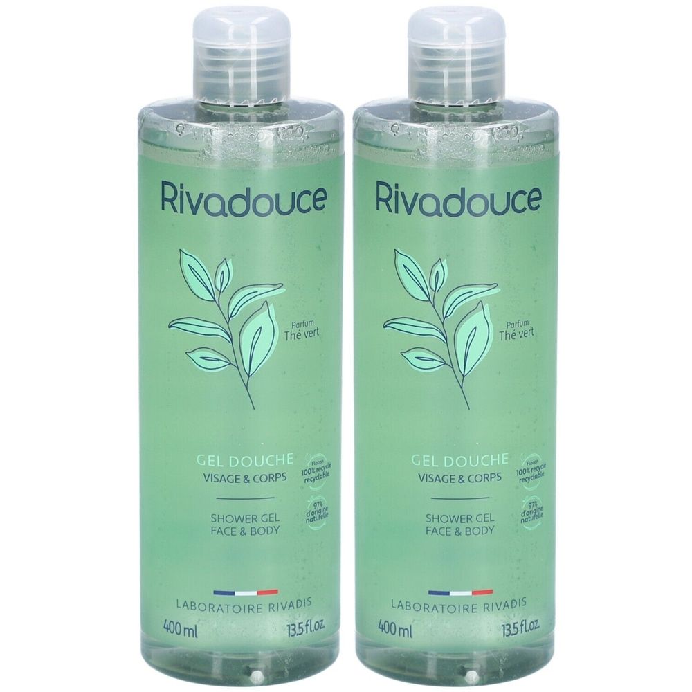 Deux flacons de gel douche Rivadouche vert. Inscription: Thé vert, Gel Douche Visage & Corps, 400ml. Bouchon blanc.