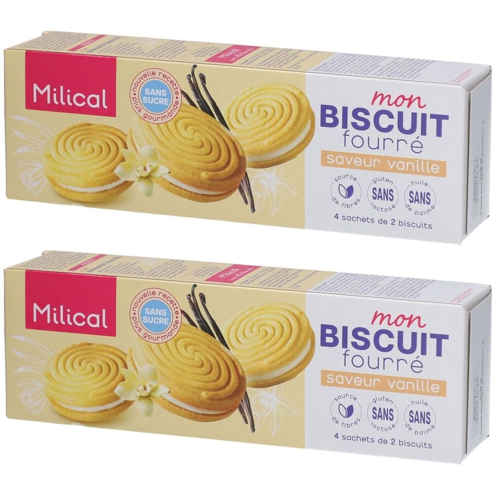Boîte de biscuits. Inscriptions : Milical, Mon Biscuit Fourré, saveur vanille, sans sucre, gluten et huile de palme. 4 sachets de 2 biscuits.