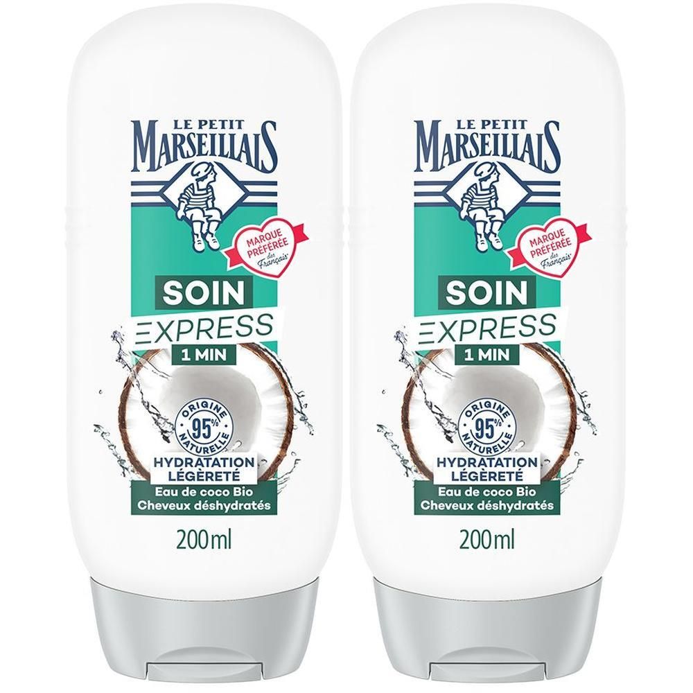 Deux flacons blancs. Étiquettes avec texte: Le Petit Marseillais, Soin Express, Eau de coco Bio, 200ml. Logo de noix de coco.