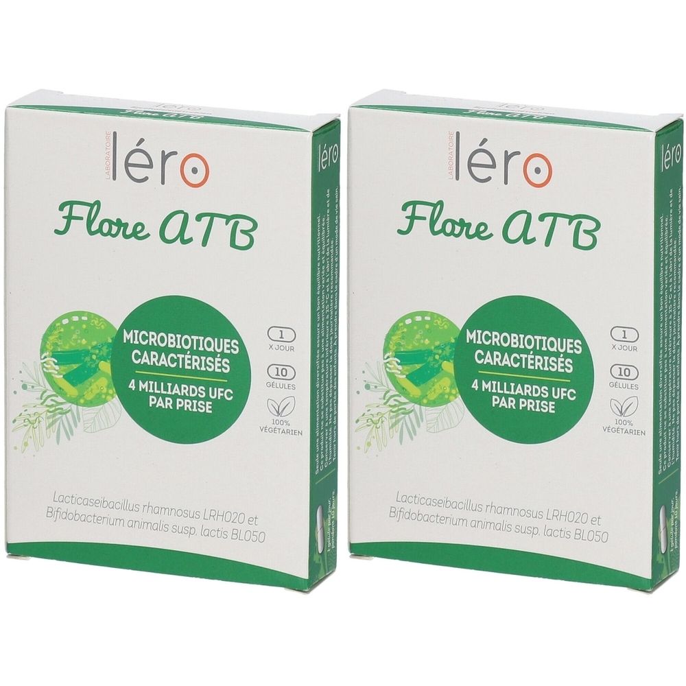 Deux boîtes de Léro Flore ATB. Inscription : Microbiotiques caractérisés, 4 milliards d'UFC par prise. 10 gélules. 100% végétal.