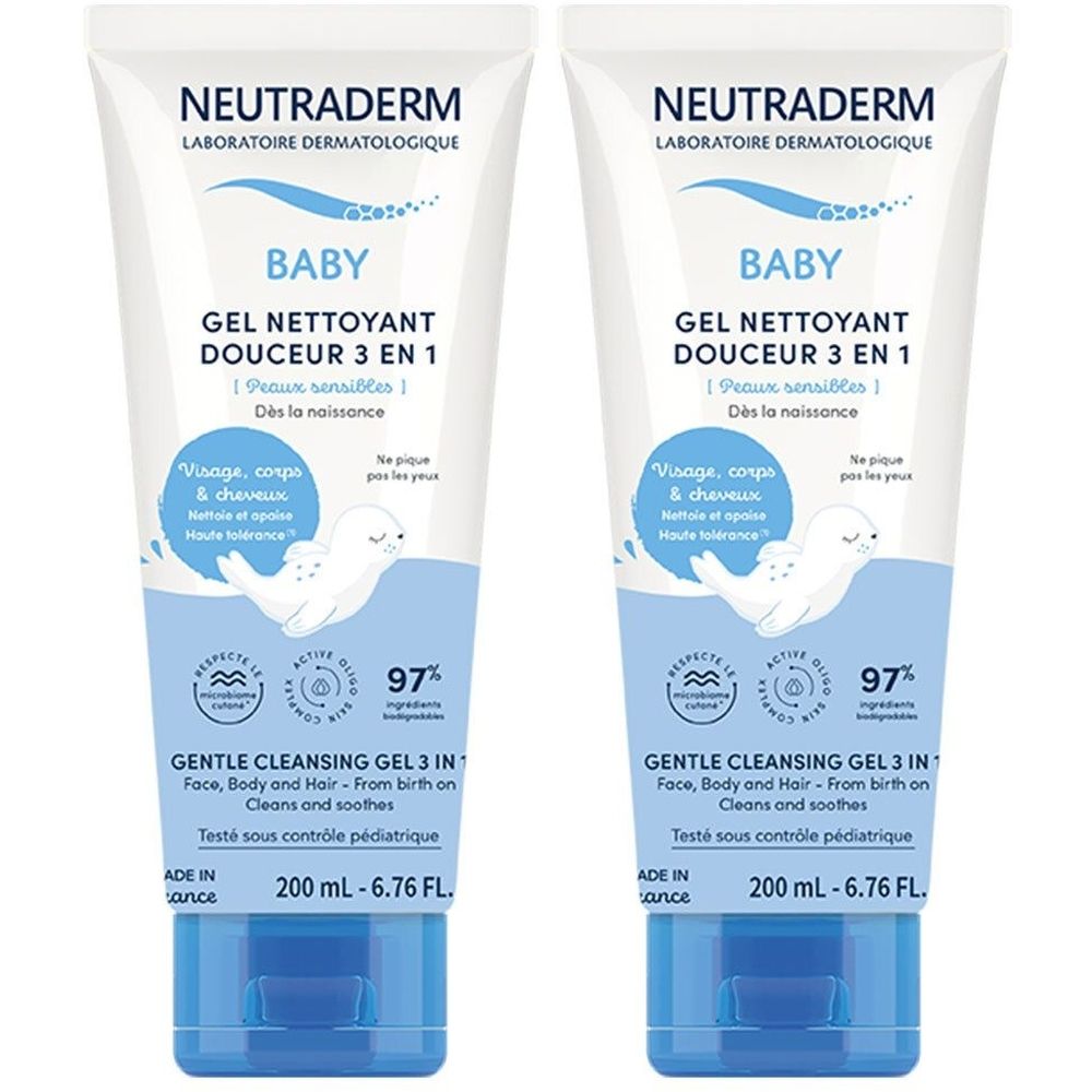 Deux tubes de gel nettoyant Neutraderm Baby. Emballage blanc et bleu avec nom et informations. Contient 97% d'ingrédients d'origine naturelle.