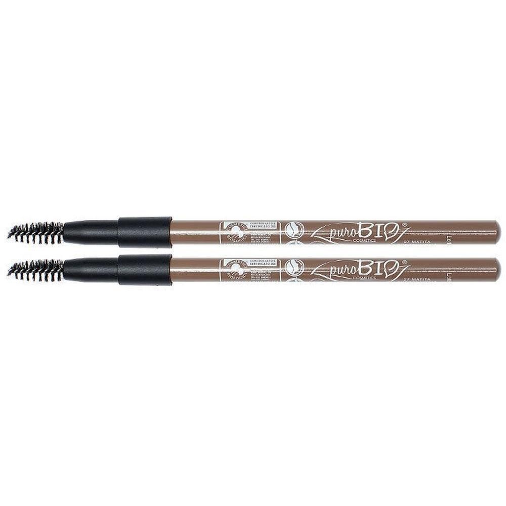 Deux crayons à sourcils avec brosse. Crayons brun clair avec pointe et brosse noires. Inscription : puroBIO cosmetics.