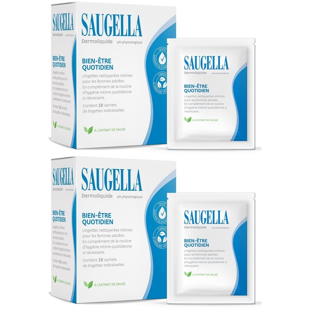 Deux boîtes et deux sachets individuels. Inscription SAUGELLA, BIEN-ÊTRE QUOTIDIEN. Emballage bleu et blanc.