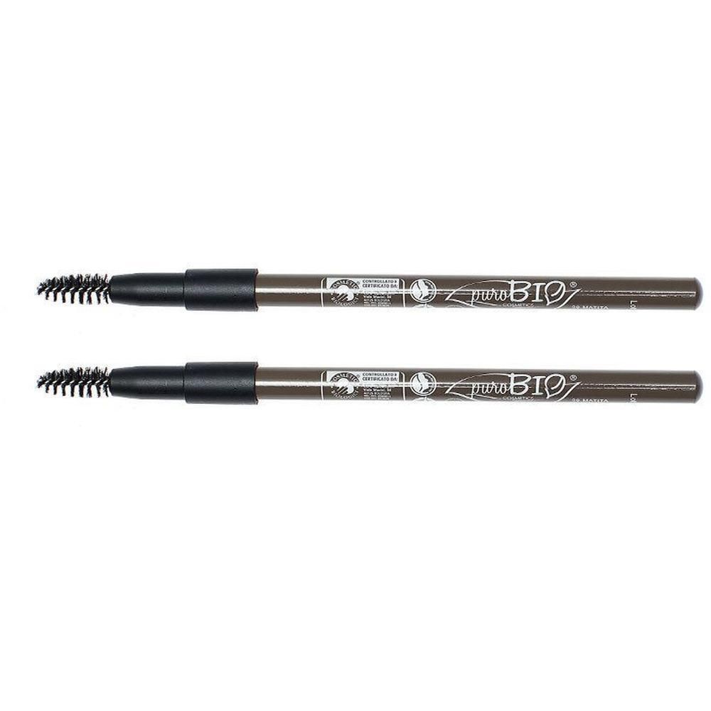 Deux crayons à sourcils avec brosse. Crayons brun foncé avec brosse noire et logo. Inscription : puroBIO.