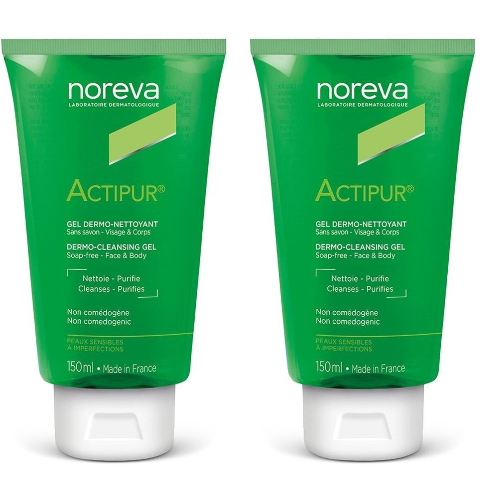 Deux tubes verts Actipur. Inscription: Noreva, Actipur, Gel Dermo-Nettoyant, 150ml. Pour peaux sensibles.
