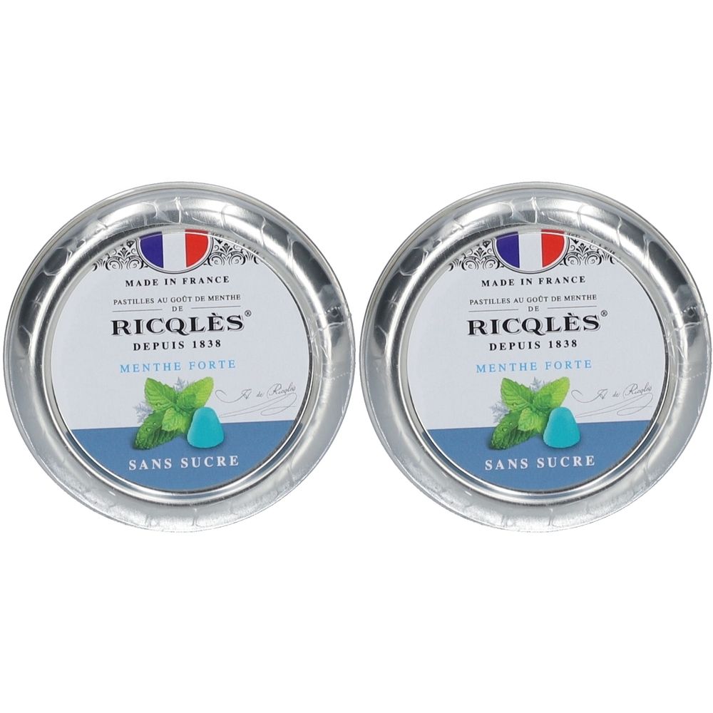 Deux boîtes métalliques rondes Ricqlès Menthe Forte Sans Sucre. Drapeau français et image de menthe. Fabriqué en France.