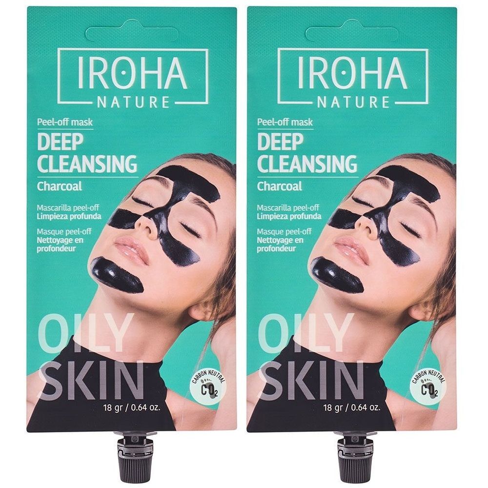 Deux paquets de masque peel-off Iroha Nature Deep Cleansing au charbon pour peaux grasses.