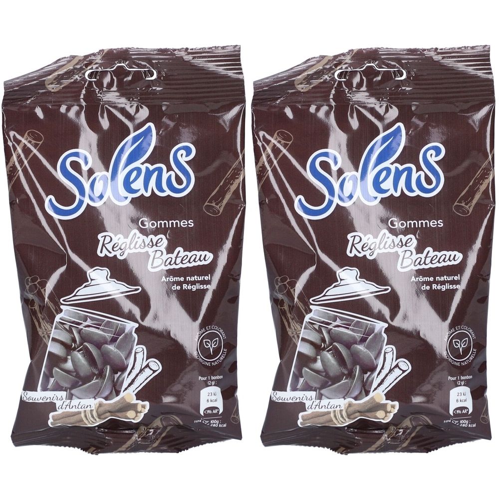 Deux paquets de SOLENS Gommes Réglisse Bateau. Emballage marron avec nom du produit et illustration de bonbons à la réglisse.