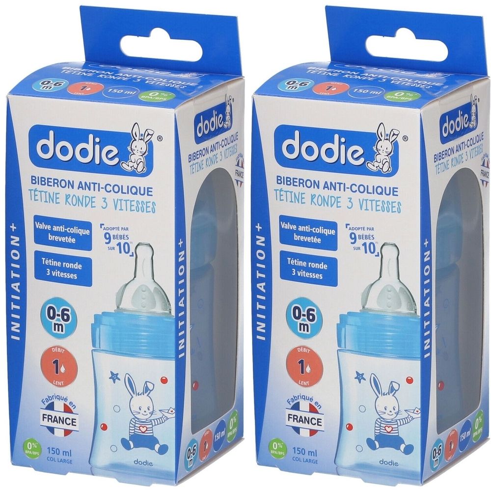 Deux boîtes de biberons dodie. Biberon bleu avec motif lapin. Inscription : Anti-colique, 0-6 mois, tétine ronde 3 vitesses.