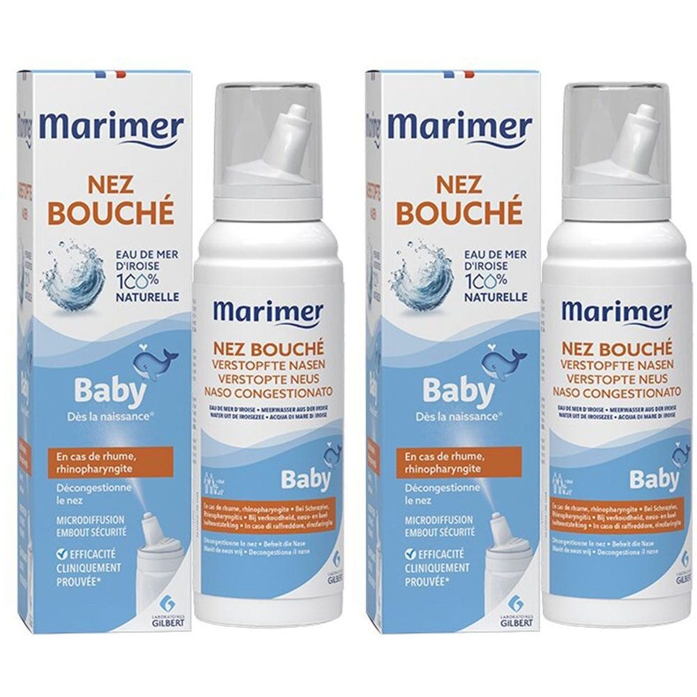 Plusieurs flacons et emballages. Inscription : Marimer Nez Bouché Baby. Spray nasal à l'eau de mer pour bébés. Flacons blancs avec embout.