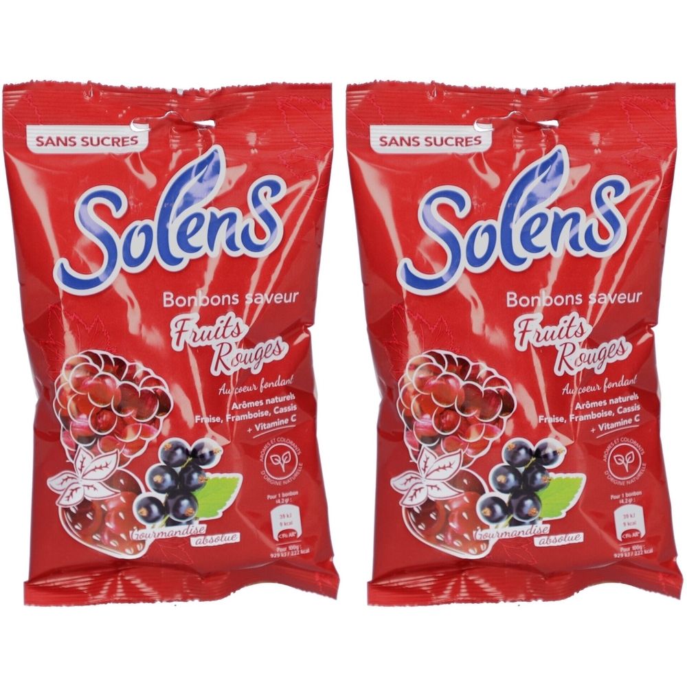 Deux sachets rouges de bonbons. Inscription: Solens, Bonbons saveur Fruits Rouges Sans Sucres. Illustration de fruits.