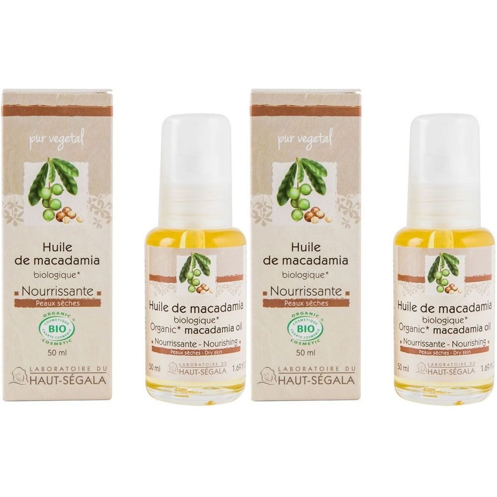 Deux flacons d'huile de macadamia bio, nourrissante, peaux sèches. Logo BIO.