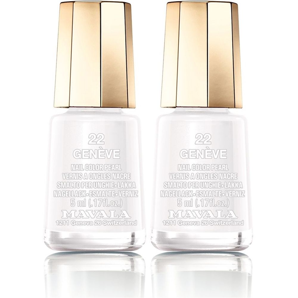 Deux flacons de Mavala Mini Color Vernis à Ongles Crème Genève 22 Pearl, 5 ml chacun.