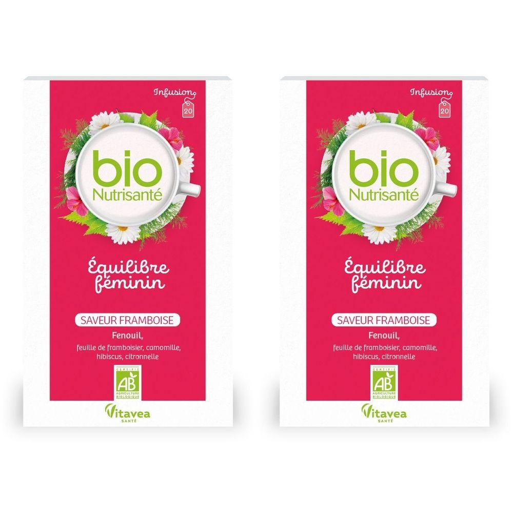 Deux sachets de thé bio. Inscription : bio Nutrisanté, Équilibre féminin, Saveur Framboise. Avec certification AB et logo Vitavea.