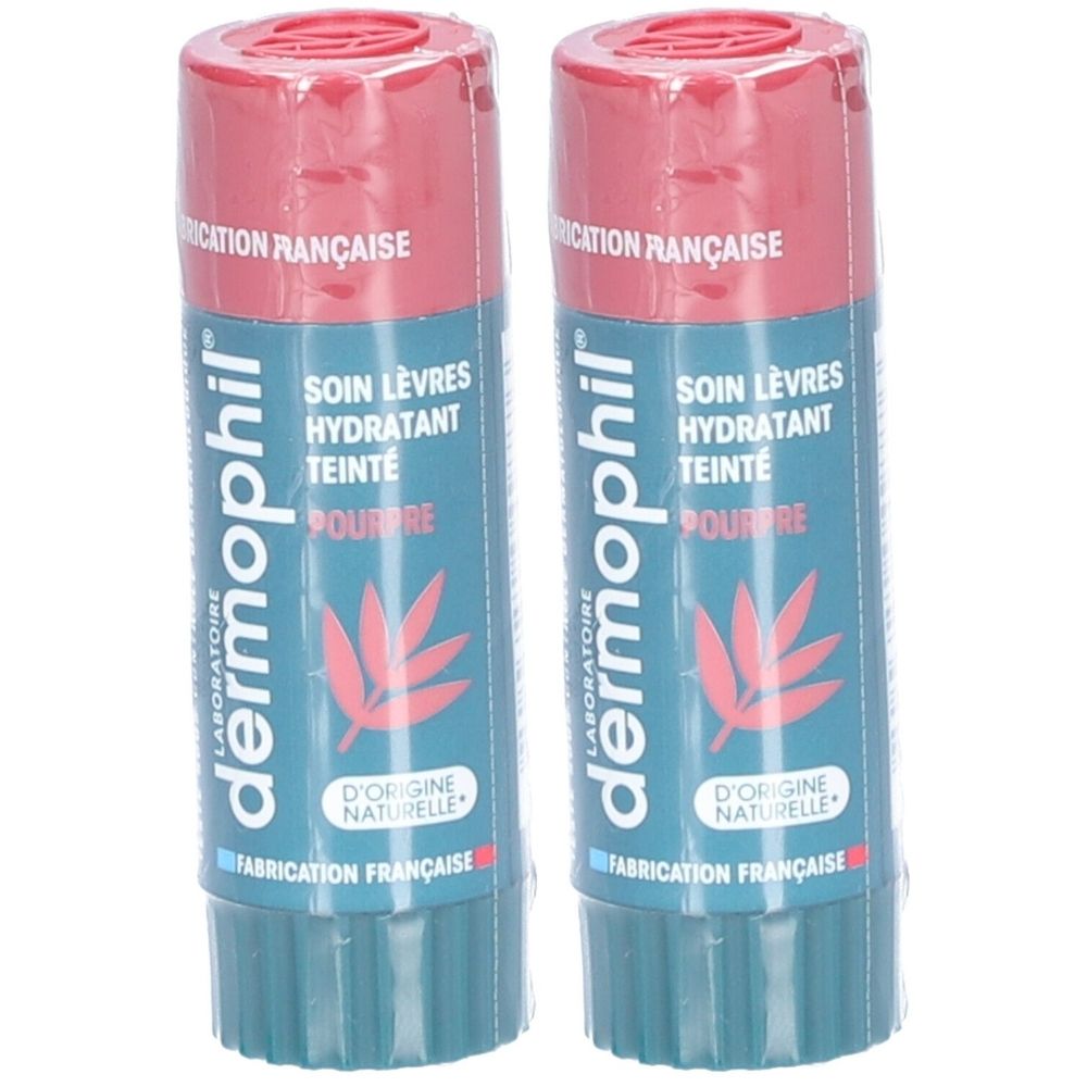 Deux sticks de soin des lèvres teintés Dermophil Pourpre Rosé. Emballage bleu et rouge avec motif de feuille.