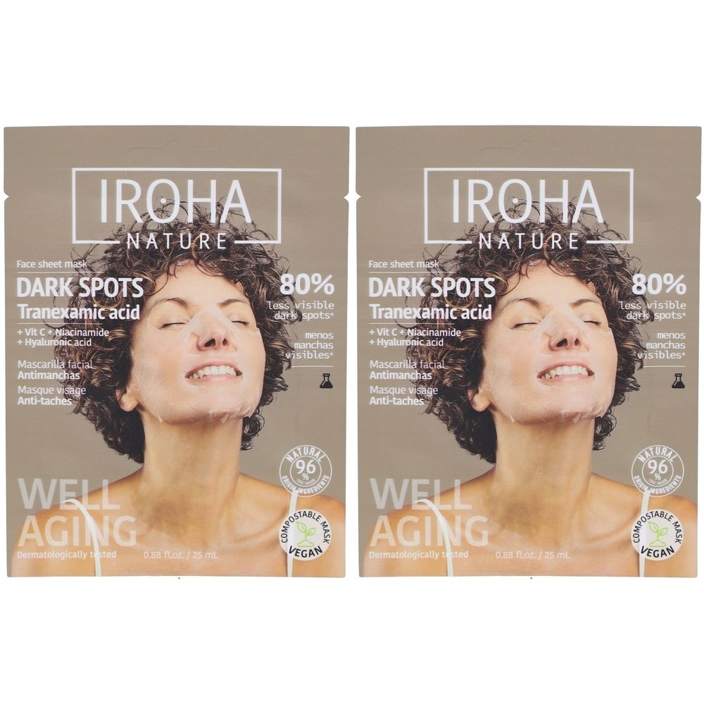 Deux masques IROHA NATURE pour taches brunes avec acide tranexamique, vitamine C, niacinamide et acide hyaluronique.