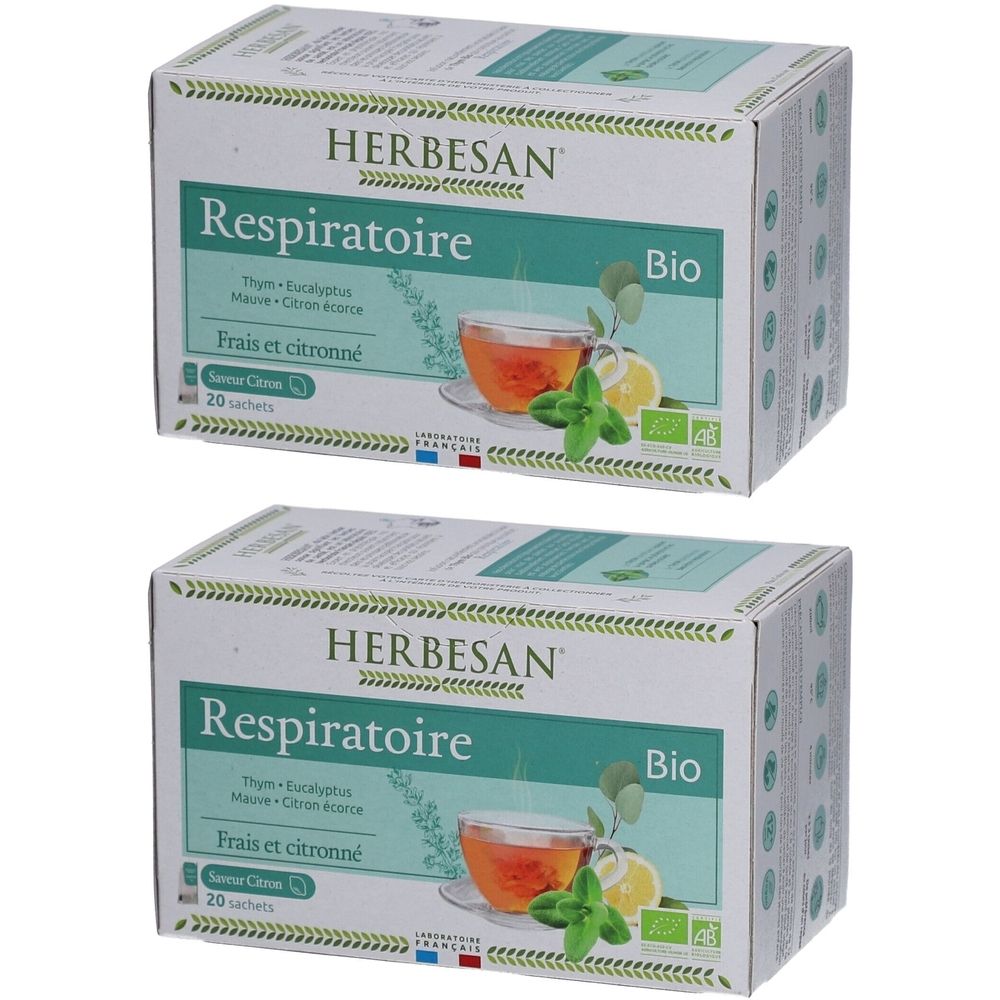 Deux boîtes HERBESAN Respiratoire Bio. Illustration d'une tasse de thé avec citron et menthe. 20 sachets.
