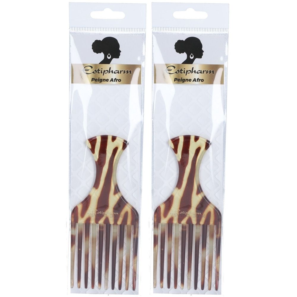 Deux peignes afro dans un emballage plastique. Marque Estipharm, modèle Peigne Afro. Motif marron et beige.