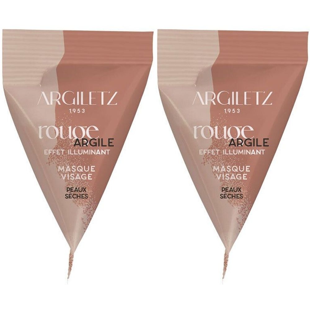 Deux sachets triangulaires. Inscription: ARGILETZ, rouge, Argile, Masque Visage, Peaux Seches. Coloris rose-brun.