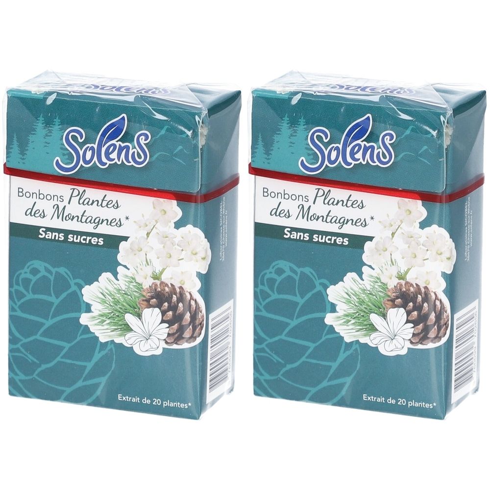 Deux boîtes de bonbons Solens. Inscription: Bonbons Plantes des Montagnes Sans sucres. Illustration de plantes et de pommes de pin.