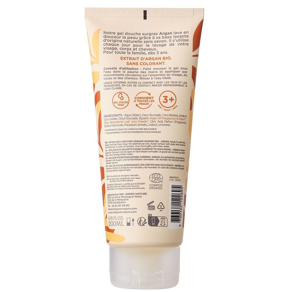 Tube crème. Inscription: EXTRAIT D'ARGAN BIO, SANS COLORANT. Logos et texte. Contenance: 200 ml.