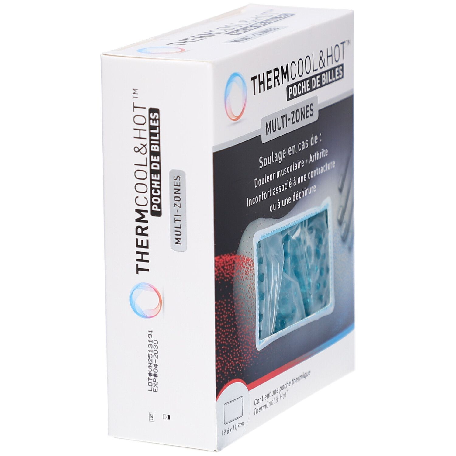 Emballage du produit. ThermCool&Hot, Multi-Zones. Poche de billes bleue. Texte: Indications: douleurs musculaires, arthrite.