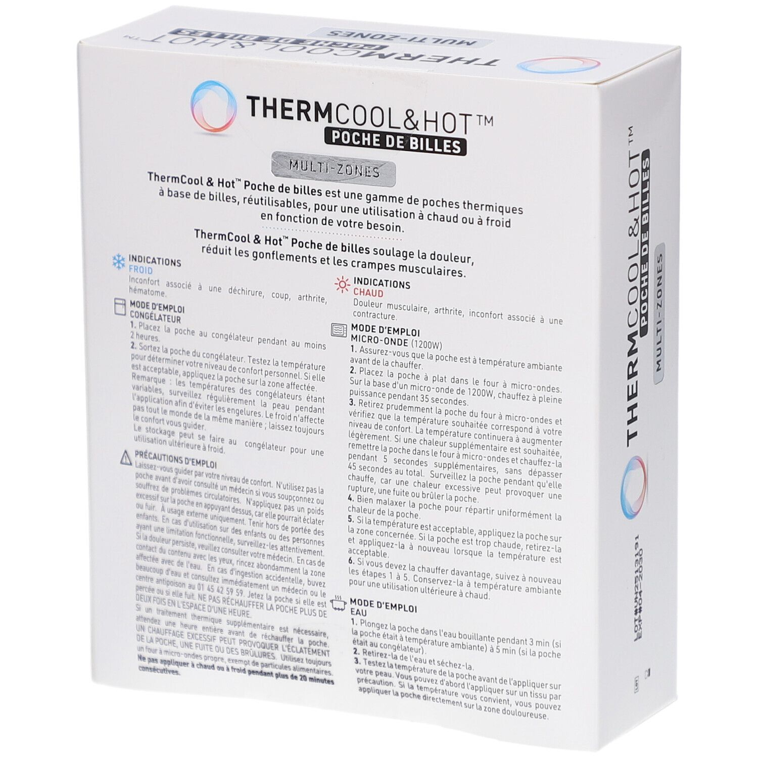 Emballage du produit. Texte: ThermCool&Hot, Poche de Billes. Instructions pour une utilisation froide et chaude. Texte en français.