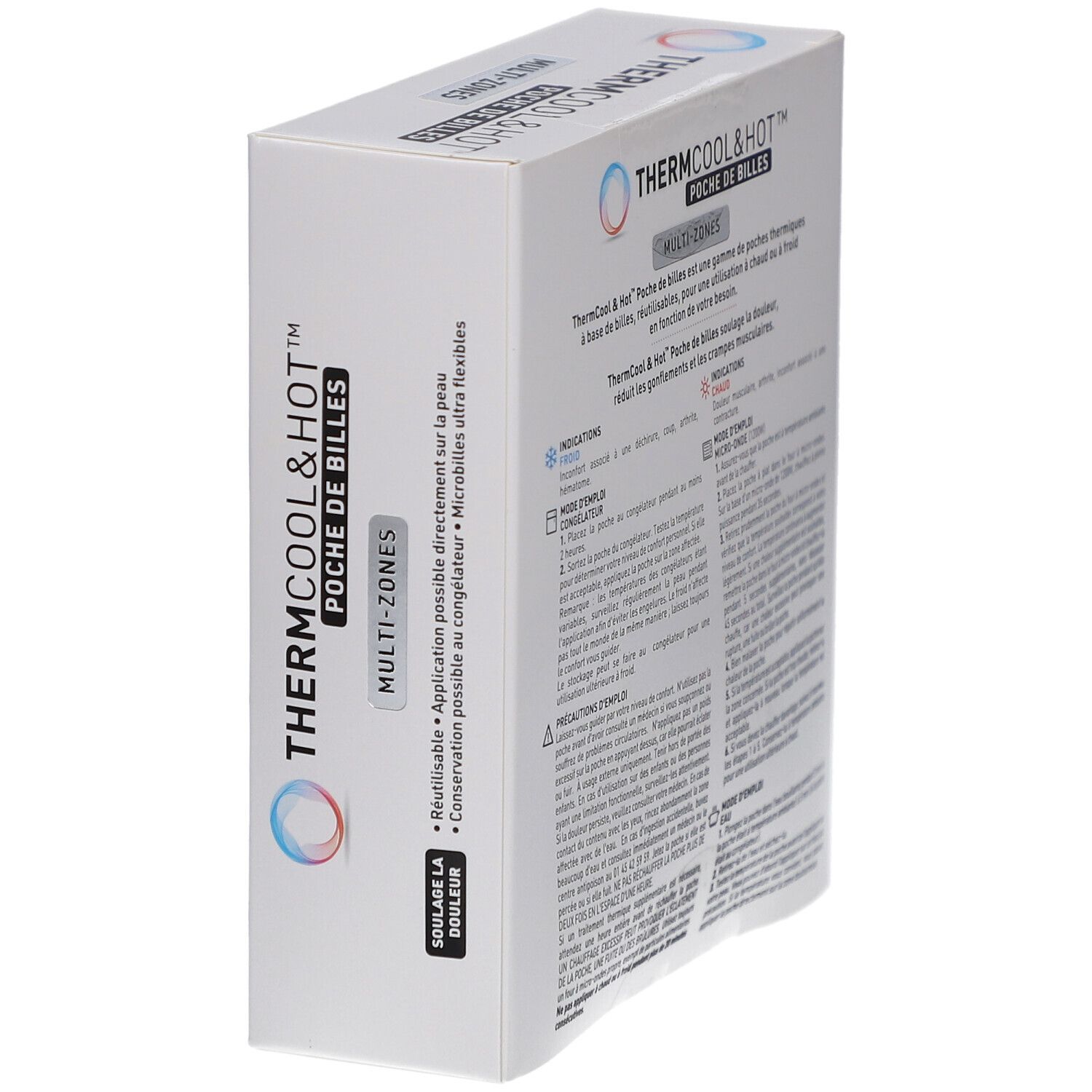 Emballage du produit. Texte: ThermCool&Hot, Poche de Billes, Multi-Zones. Réutilisable. Flexible. Microbicide. Texte en français.