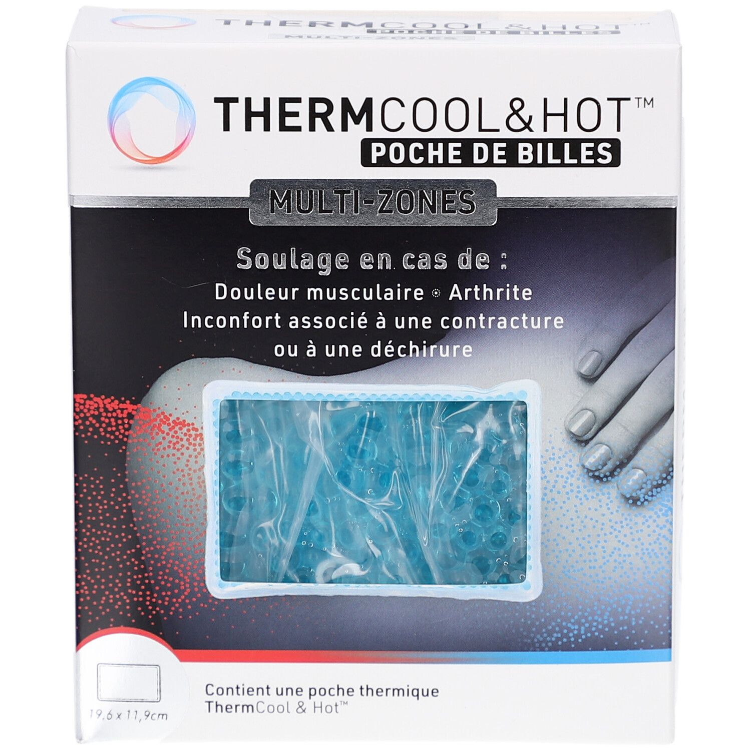 Emballage du produit. Poche de billes bleue. Texte: ThermCool&Hot, Multi-Zones. Indications: douleurs musculaires, arthrite.