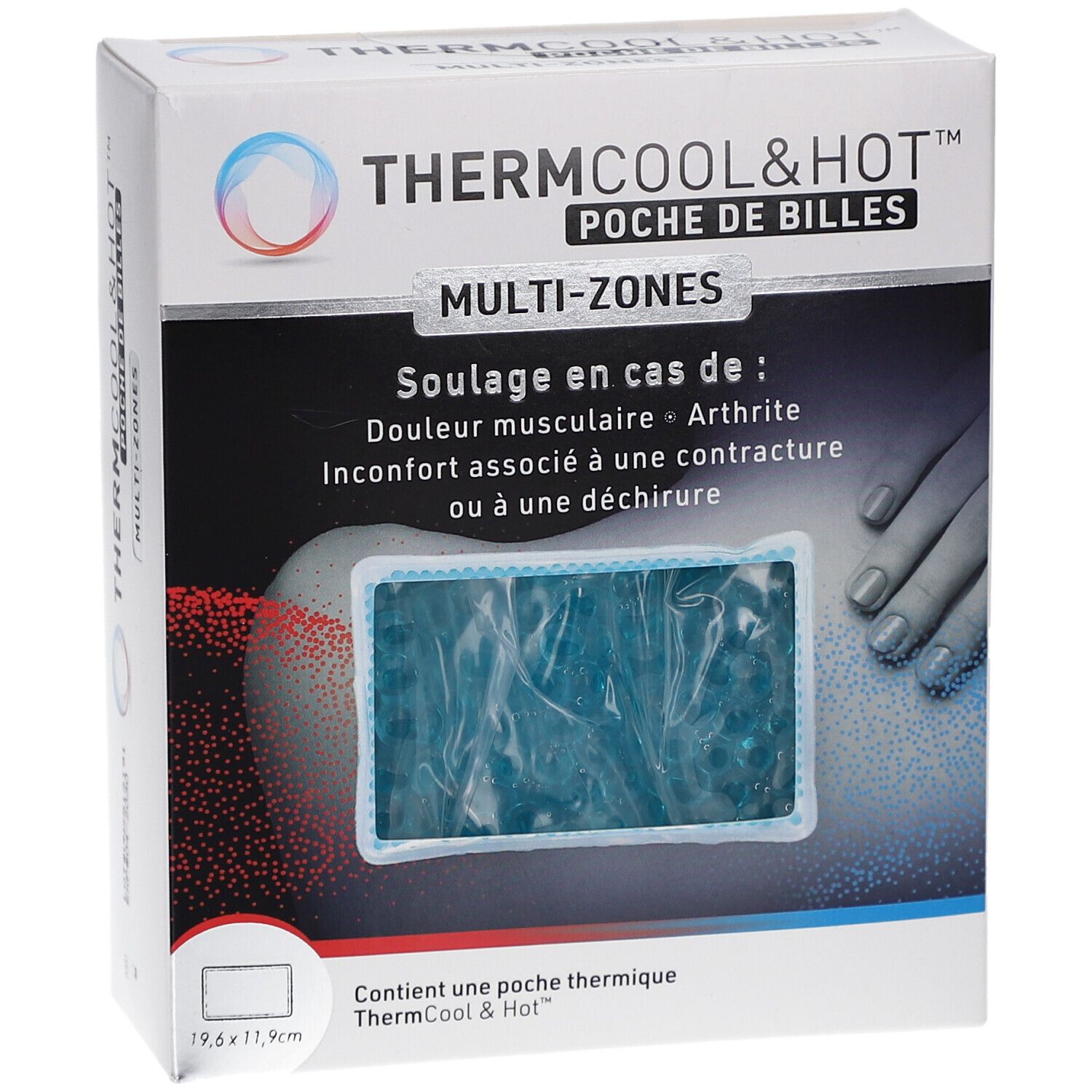 Emballage du produit. Poche de billes bleue. Texte: ThermCool&Hot, Multi-Zones. Indications: douleurs musculaires, arthrite.