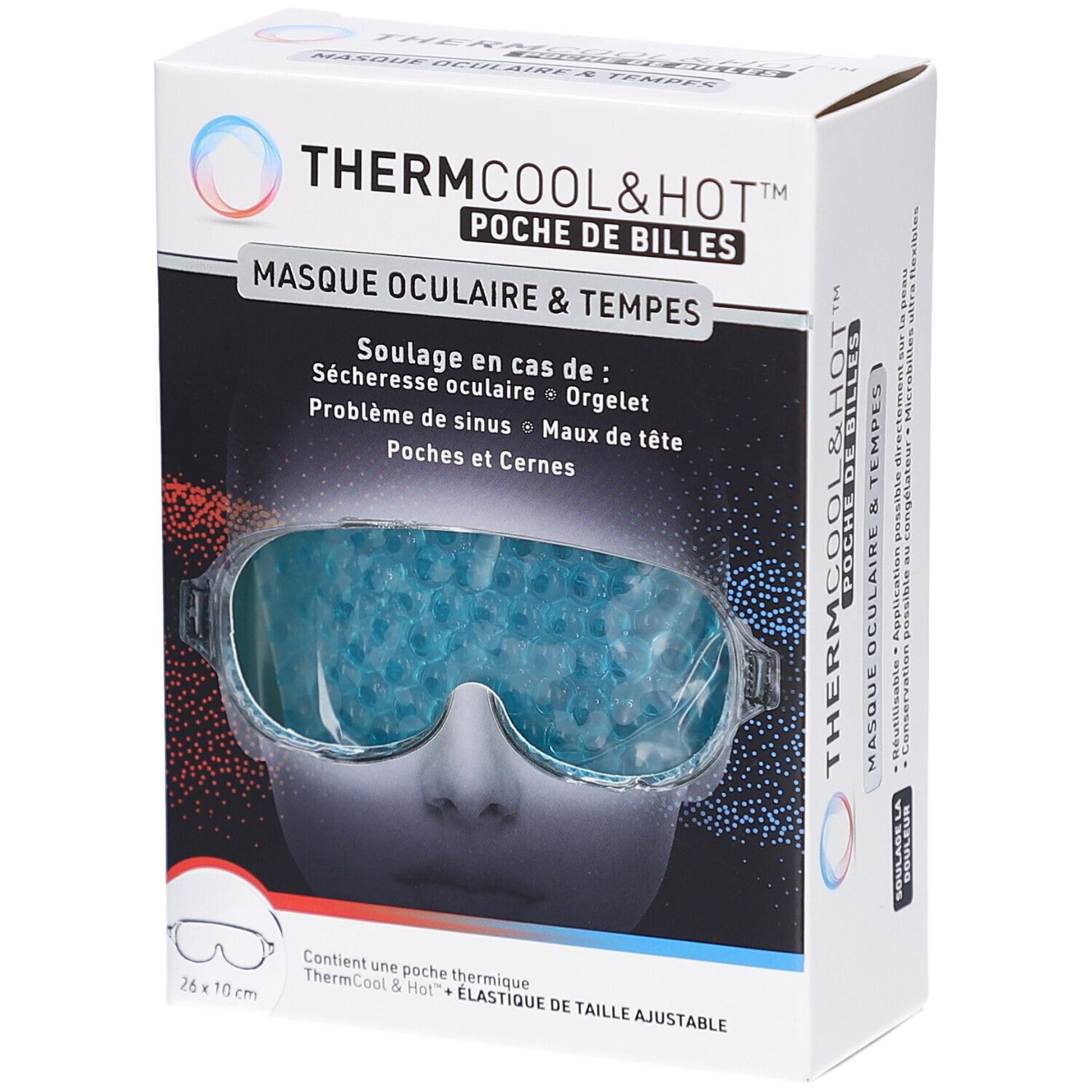 Boîte BAUSCH + LOMB Thermcool&Hot. Masque oculaire et tempes avec billes bleues. Texte: MASQUE OCULAIRE & TEMPLES.