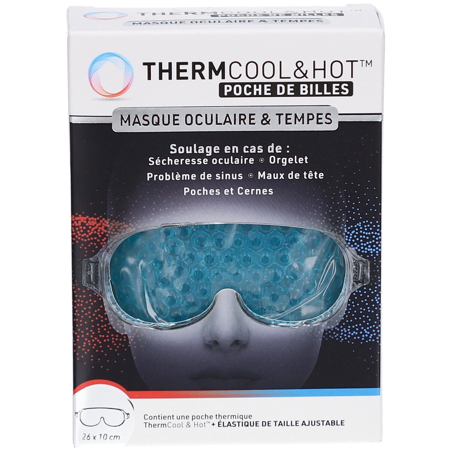 Boîte BAUSCH + LOMB Thermcool&Hot. Masque oculaire et tempes avec billes bleues. Texte: MASQUE OCULAIRE & TEMPLES.