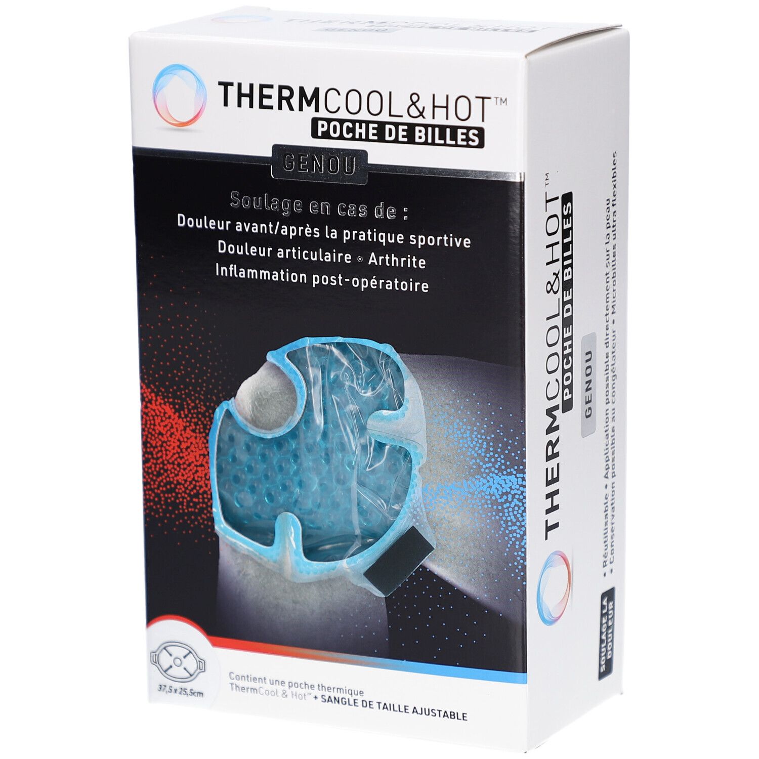 Boîte avec produit. Inscription: ThermCool&Hot, Poche de Billes, Genou. Produit bleu dans une housse. Texte: Soulagement de la douleur.
