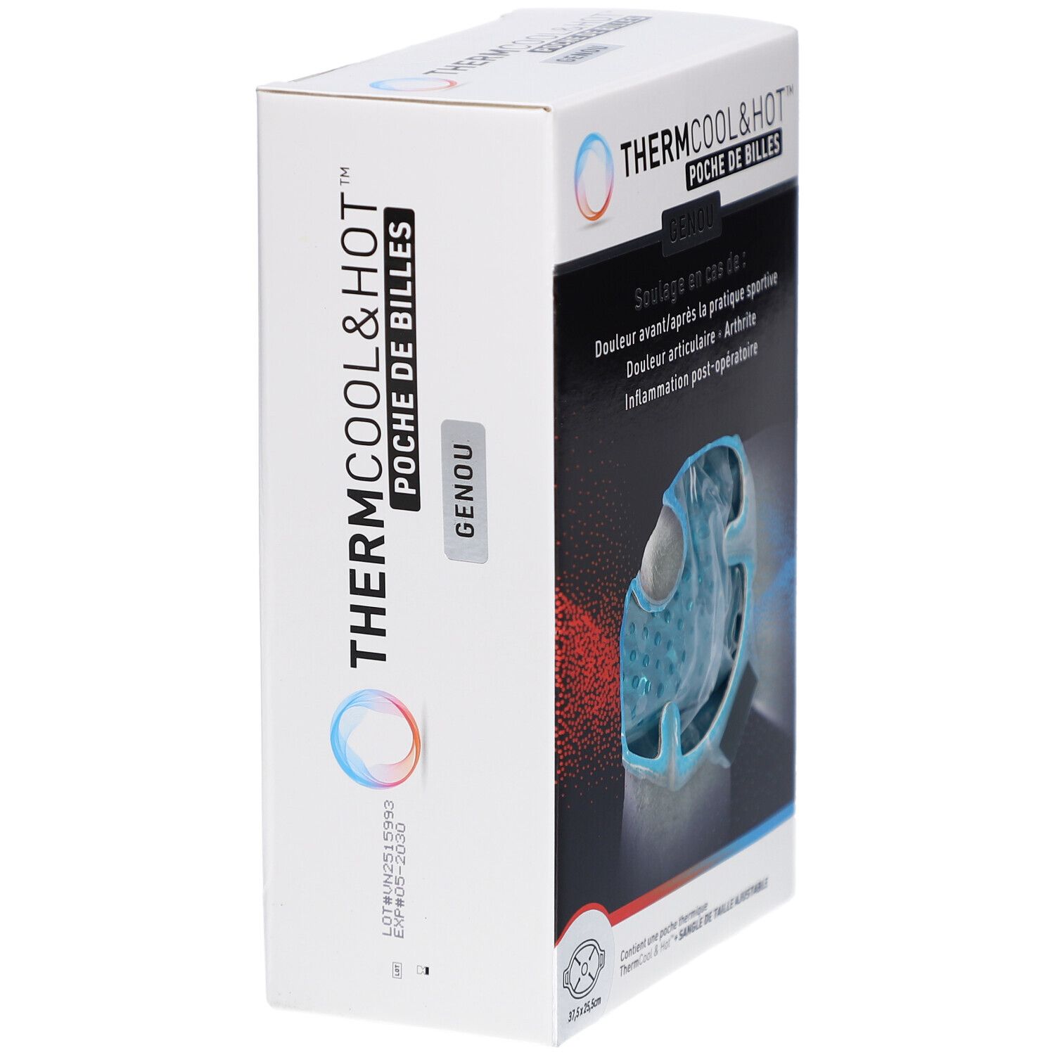 Emballage du produit. Inscription: ThermCool&Hot, Poche de Billes, Genou. Produit bleu dans une housse. Vue en angle.