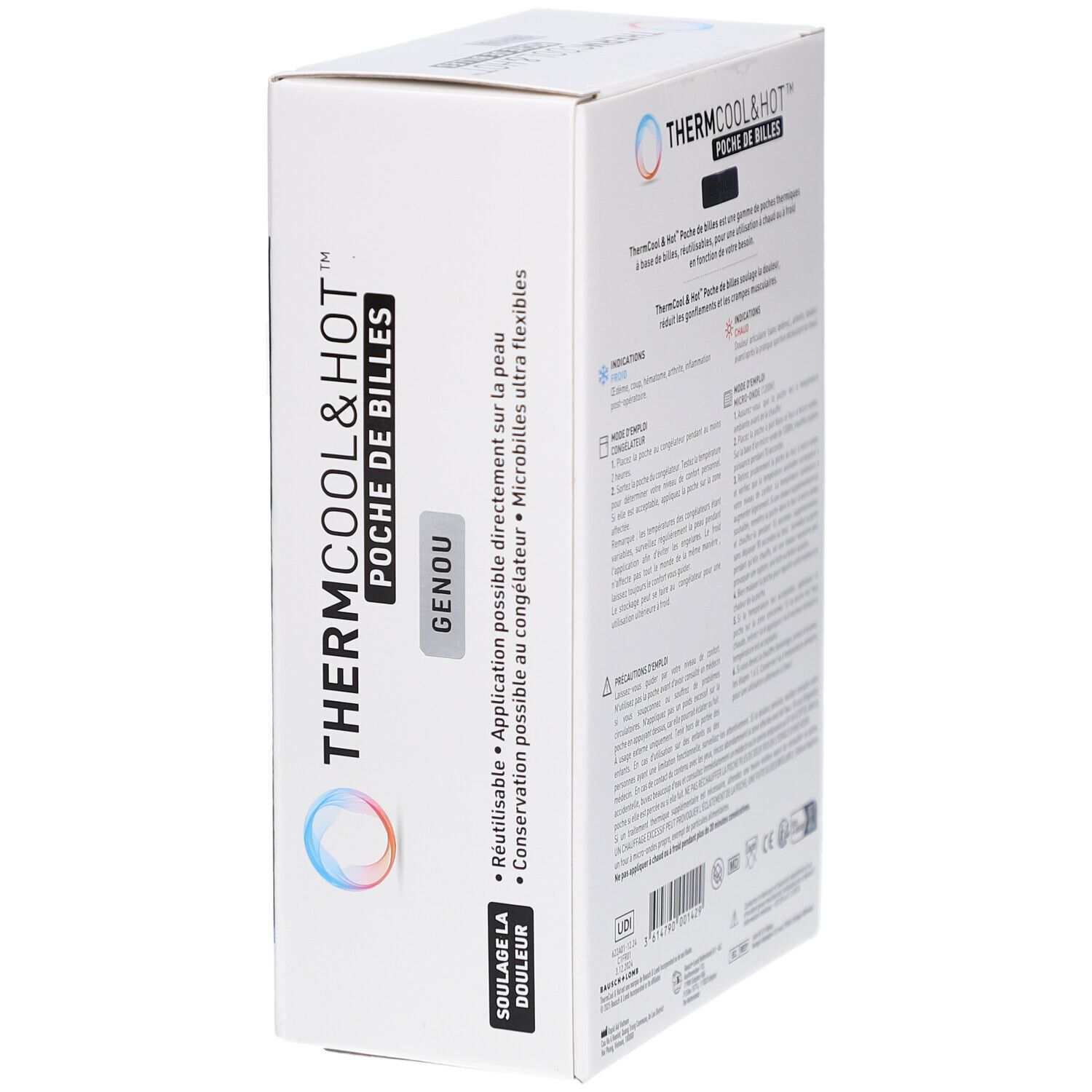 Emballage du produit. Inscription: ThermCool&Hot, Poche de Billes, Genou. Réutilisable, application directe sur la peau.