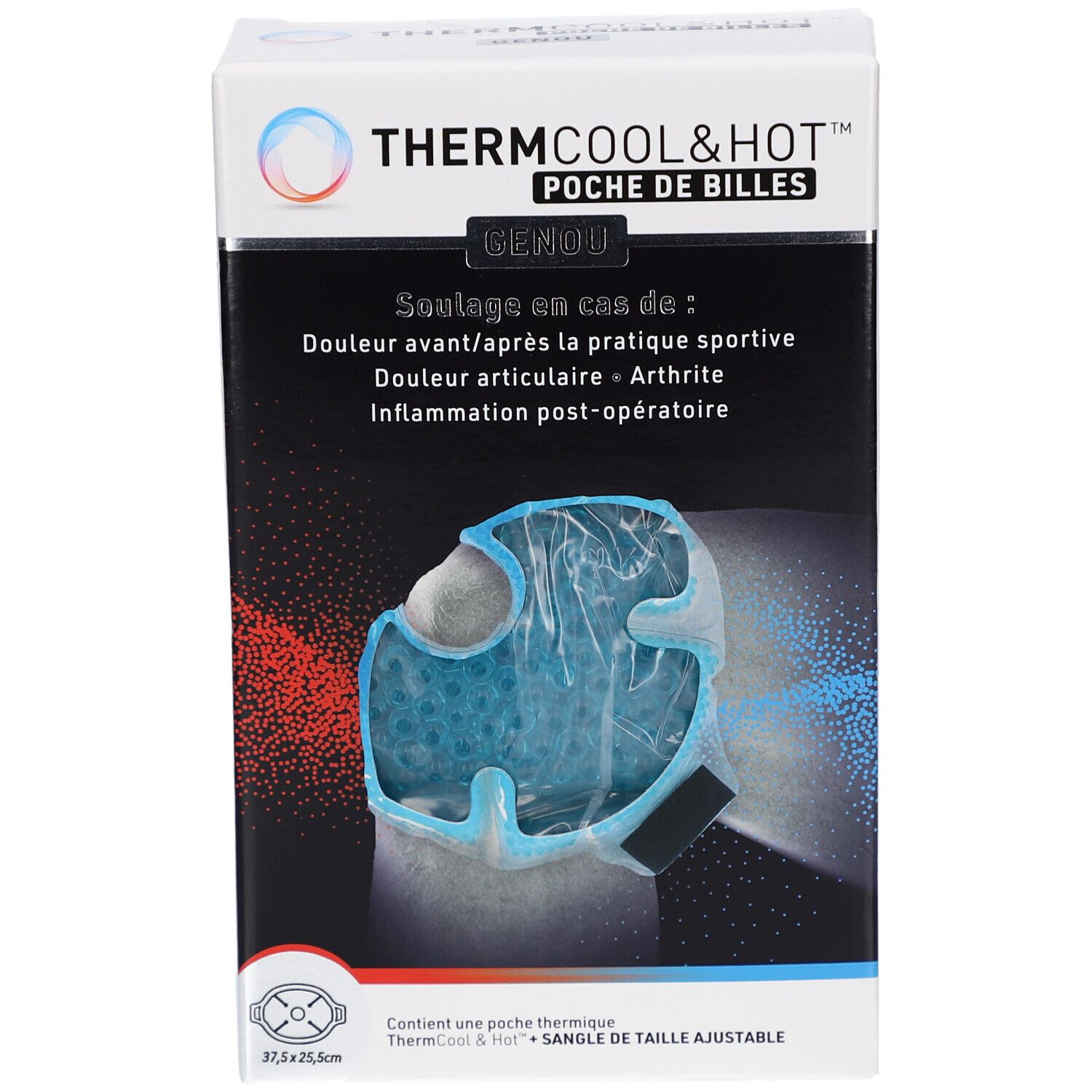 Emballage du produit. Inscription: ThermCool&Hot, Poche de Billes, Genou. Produit bleu dans une housse. Texte: Soulagement de la douleur.